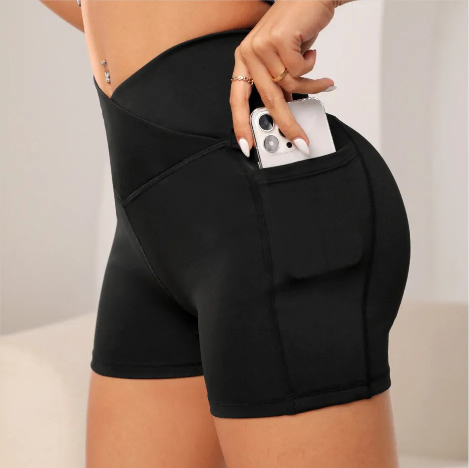 Women's high waist yoga sport shorts with phone pocket